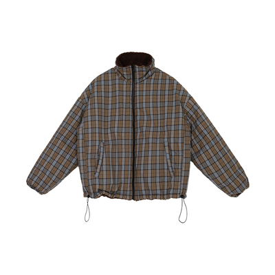 innomoood 复古格纹两面穿羊羔毛棉衣立领百搭oversize外套休闲