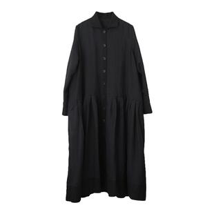 Grass&Wood亚麻天丝长裙黑色经典系扣连衣裙阔摆拼接风衣春新品