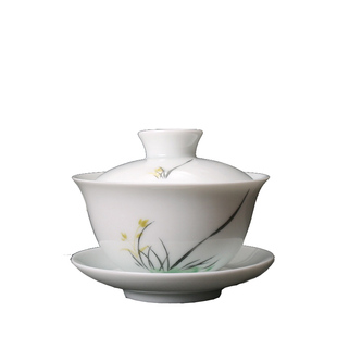 釉上彩手绘兰花盖碗 三才碗杯 陶瓷茶碗  潮州功夫茶具三杯盖碗