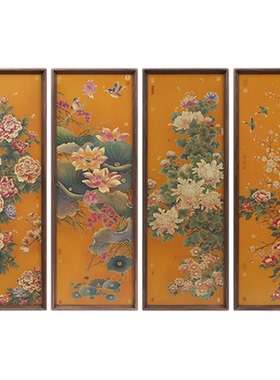 新中式四联屏春夏秋冬墙壁挂画客厅办公室国风植物花卉装饰画铜画