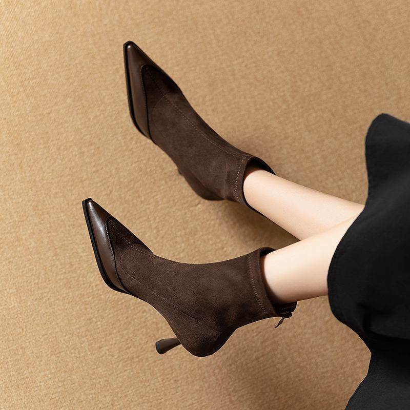 高跟短靴女细跟2025秋冬新款设计感尖头瘦瘦靴加绒弹力靴春秋单靴