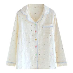 纯棉翻领家居服上衣女春秋薄款纱布单件长袖开衫睡衣印花宽松休闲