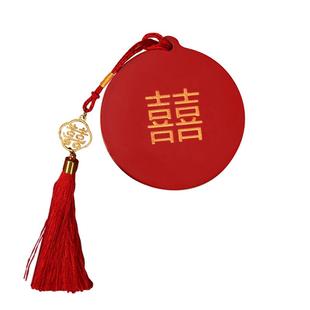结婚喜字小圆镜女方陪嫁用品大全婚礼高档迷你实木化妆镜梳子一对