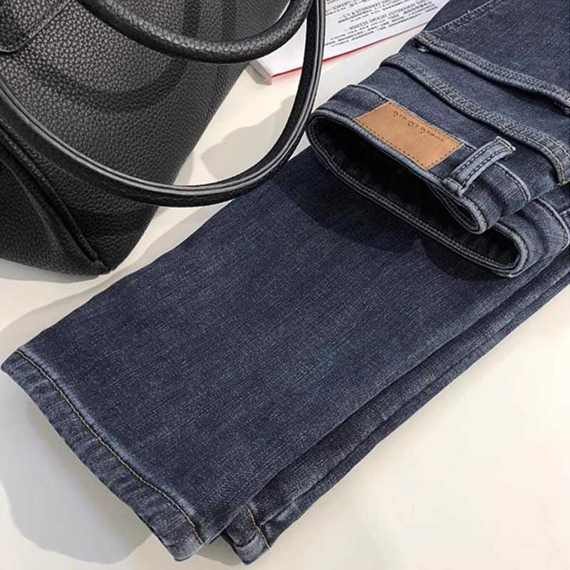 蓝灰加绒烟管牛仔裤女2025年春秋新款小个子女士窄版法棍直筒裤子