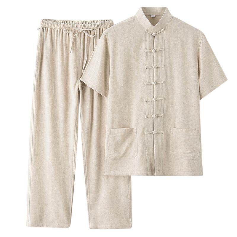 中老年唐装男夏季中国风亚麻套装棉麻短袖夏装服装中式半袖男装