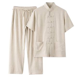 中老年唐装男夏季中国风亚麻套装棉麻短袖夏装服装中式半袖男装