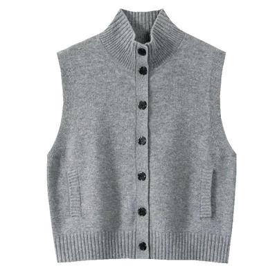 半高领排扣针织马甲宽松开衫背心