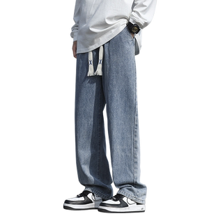 美式牛仔裤男士宽松阔腿裤百搭垂感休闲裤直筒裤中蓝色长裤子男款