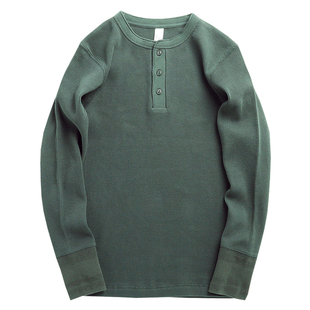 阿美咔叽315克休闲亨利衫重磅纯棉高品质华夫格复古素色长袖T恤男