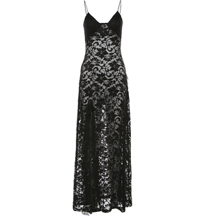 KLIOU 轻熟御姐风黑色镂空蕾丝吊带连衣裙女设计感开叉显瘦长裙夏