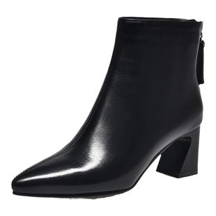 短靴女秋冬季单靴加绒保暖马蹄跟尖头短筒女靴子真皮百搭粗跟女鞋