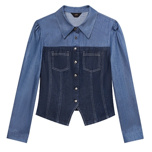 白鹿语复古港风设计感高级蓝色牛仔拼接收腰显瘦衬衫女25夏新衬衣