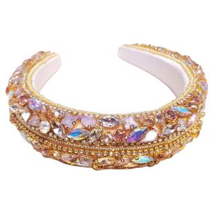 复古发饰粉色镶嵌水钻发箍高级感水晶发卡海绵加厚宝石头箍宫廷风