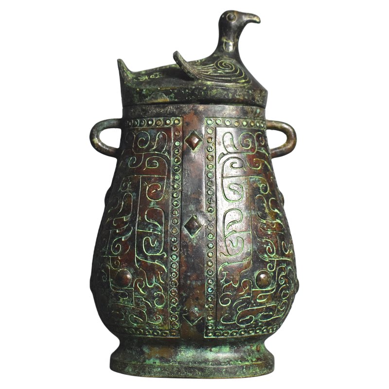 仿古青铜鸟盖双耳壶礼器摆件