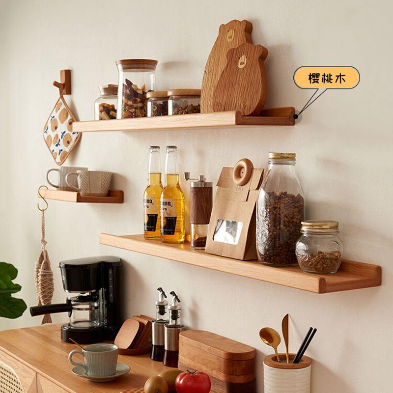 免打孔实木置物架樱桃木一字隔板书架挂墙上搁板北欧电视墙定制