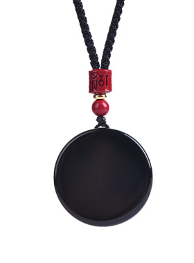 天然黑曜石圆牌平安无事牌吊坠刻字男女本命年钥匙扣挂件项链饰品