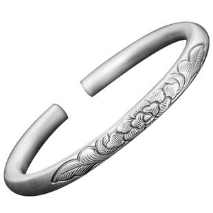 九乐999足银手镯花开富贵实心开口牡丹花复古浮雕手环送妈妈礼物
