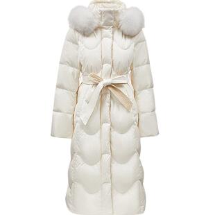 【鹅绒服】ONLY冬季轻奢保暖翻领连帽狐狸毛领长款收腰羽绒服