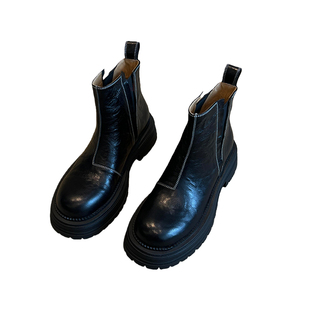 牛皮版~黑色厚底切尔西靴女2025秋冬新款加绒马丁靴增高瘦瘦短靴