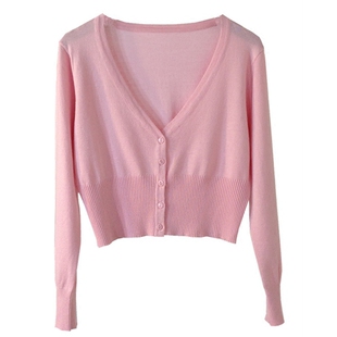 春款韩版修身V领高腰短款防晒衫空调开衫百搭纯色长袖针织小外套