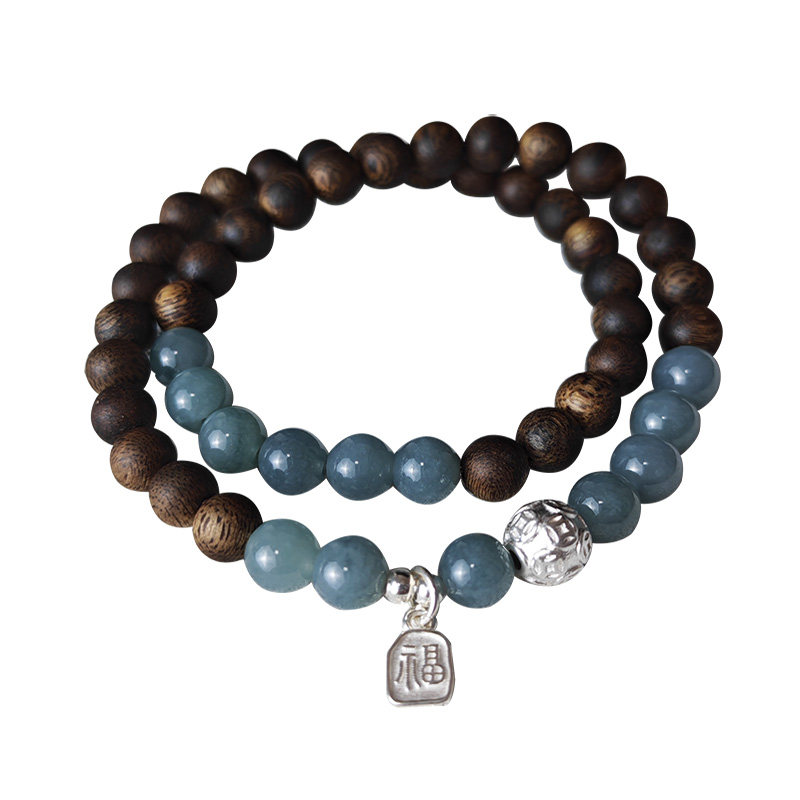 莺歌绿奇楠沉香蓝水翡翠足银手串女款双圈文玩新中式东方美学手链