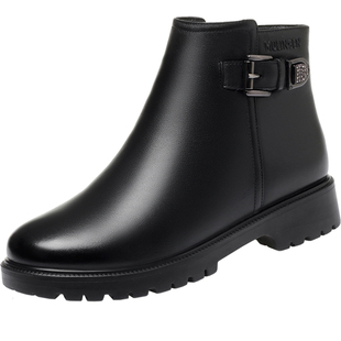 木林森棉鞋女真皮冬季妈妈鞋防滑软底加绒短靴羊毛保暖中老年皮鞋