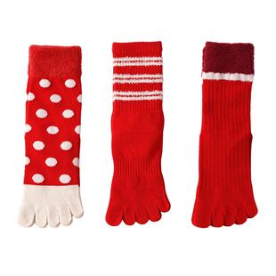 内田新年喜庆大红本命年五指袜纯棉中筒结婚马年女袜新年鸿运穿搭