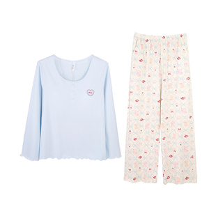 安之伴【巨柔软】睡衣女款春秋季纯棉长袖套装带胸垫家居服可外穿