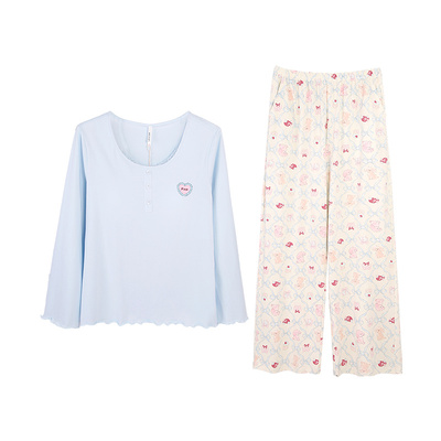 安之伴【巨柔软】睡衣女款春秋季纯棉长袖套装带胸垫家居服可外穿