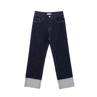 荒荒家 翻边红虚线牛仔裤2025秋冬新款韩版直筒高腰阔腿休闲裤女