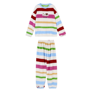 馨帮帮Homedress 冬季可爱条纹卡通睡衣裤保暖套装套头式家居服女