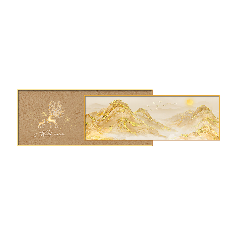 日照金山沙发背景墙装饰画现代简约高级感客厅金箔画聚财麋鹿壁画