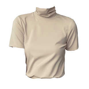 精梳新疆棉夏装设计感小众紧身T恤高领短袖女气质洋气堆堆领欧货