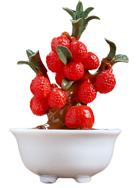 红釉荔枝树陶瓷摆件吉祥寓意