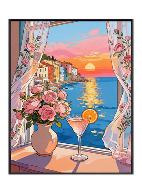 窗边海景日落DIY数字油画