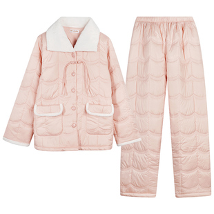 好波男女寒冬睡衣轻型夹棉家居服套装轻暖新中式加绒家居服HJ2571