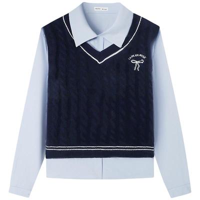 慕兔刺绣马甲背心长袖衬衫两件套