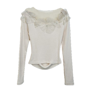 安璃 精致感钉珠花朵上衣网纱拼接弹力收腰显瘦温柔长袖T恤秋新款