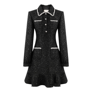 MISSCOCOON小香风亮片花呢肌理感荷叶鱼尾边羊毛连衣裙秋冬款