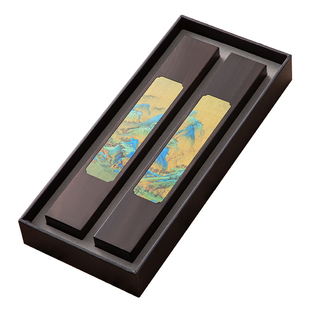 嵌黄铜彩绘千里江山镇纸书法专用国画压纸镇尺礼盒包装创意文房四宝专用实木定制刻字高档商务礼品新年礼物