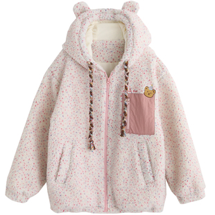 诺诺公主S1N初中生粉色羊羔毛外套女冬季青少年可爱小熊连帽棉服