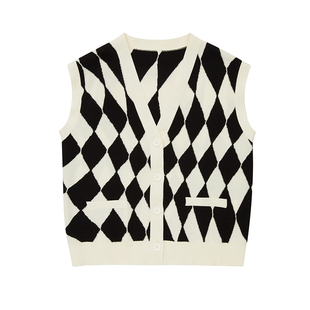 URLAZH有兰秋季新款复古菱形撞色黑白格纹无袖毛衣开衫针织马甲女