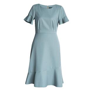 罗衣独特设计感荷叶袖修身连衣裙夏季轻职场豆绿色鱼尾裙子06539