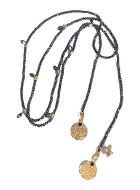 复古莱茵石手工金币长项链 ins风天然手工串珠多用项链吊坠锁骨链