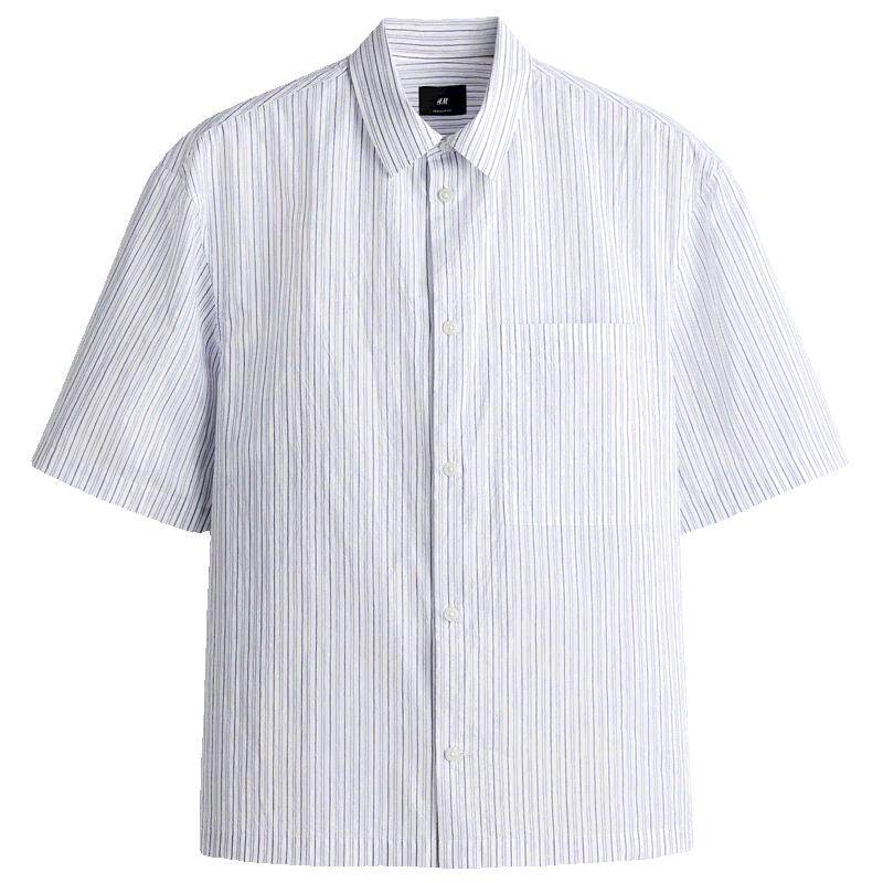 HM男装衬衫夏季舒适休闲翻折领条纹短袖纽扣上衣1285019
