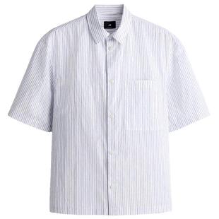 HM男装衬衫春季舒适休闲翻折领条纹短袖纽扣上衣1285019