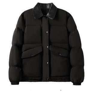 白鹿同款黑色翻领棉服外套女冬季2025新款宽松加厚羽绒面包服棉袄