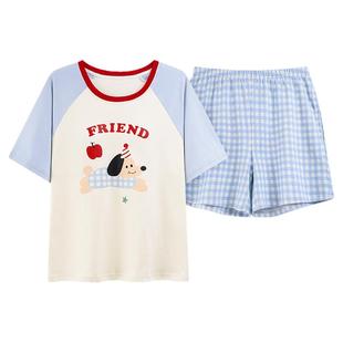 夏季睡衣女款带胸垫纯棉短袖短裤可爱卡通腊肠狗少女孩学生家居服