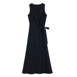 Maven Lin重磅莱赛尔系带收腰V领无袖长裙女气质一片围裹式连衣裙