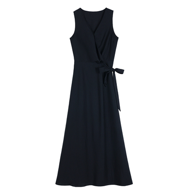 Maven Lin重磅莱赛尔系带收腰V领无袖长裙女气质一片围裹式连衣裙